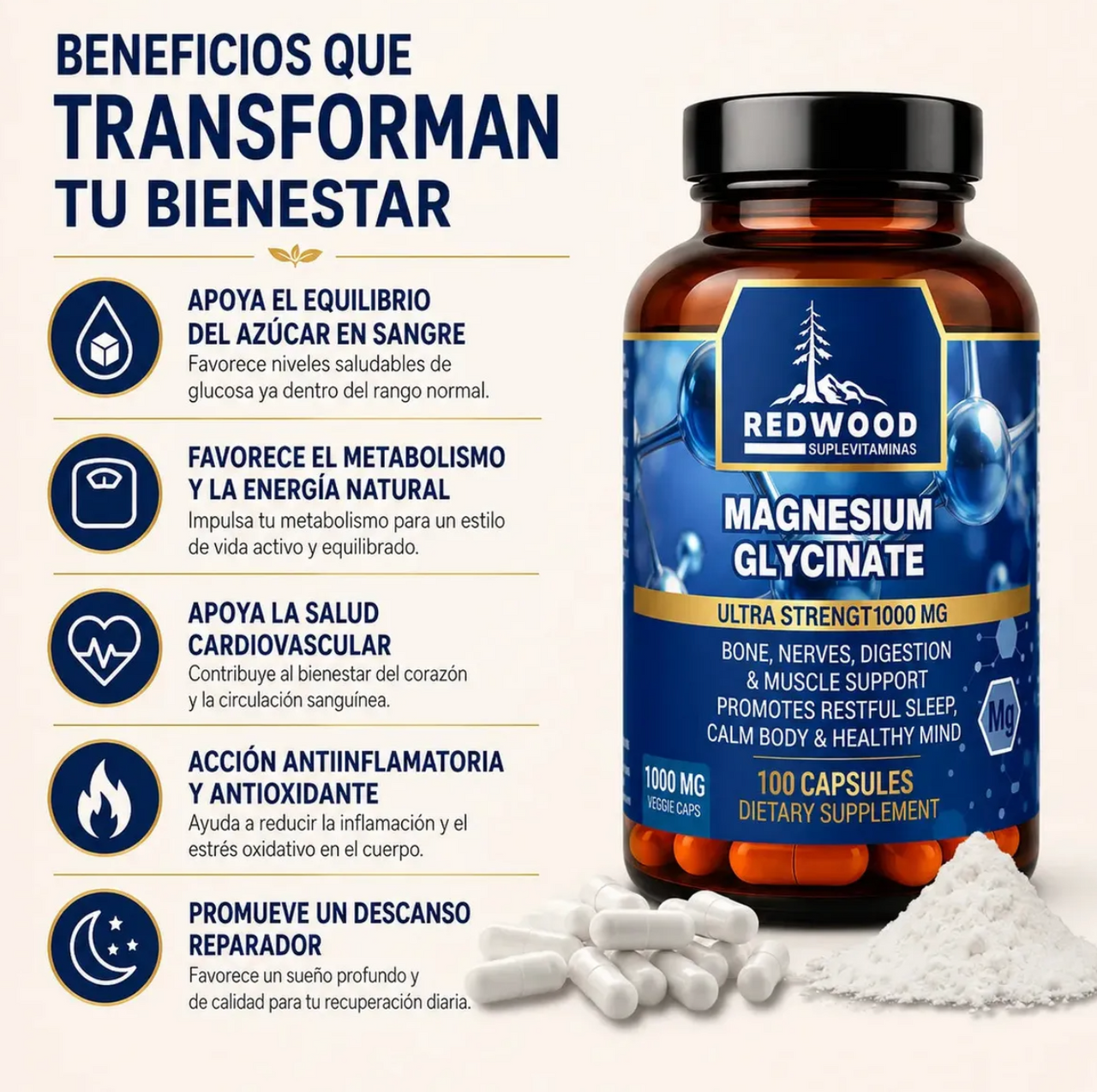 Glicinato de Magnesio Redwood 1000 Mg 100 Cápsulas