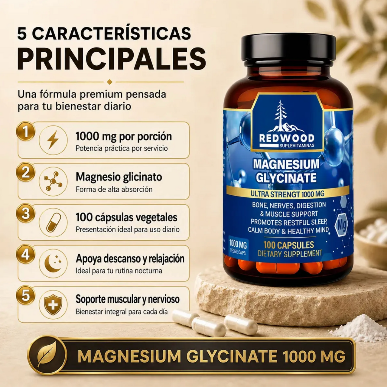 Glicinato de Magnesio Redwood 1000 Mg 100 Cápsulas