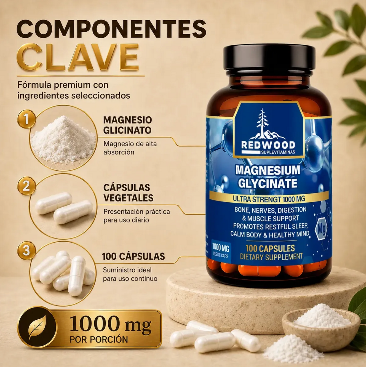 Glicinato de Magnesio Redwood 1000 Mg 100 Cápsulas