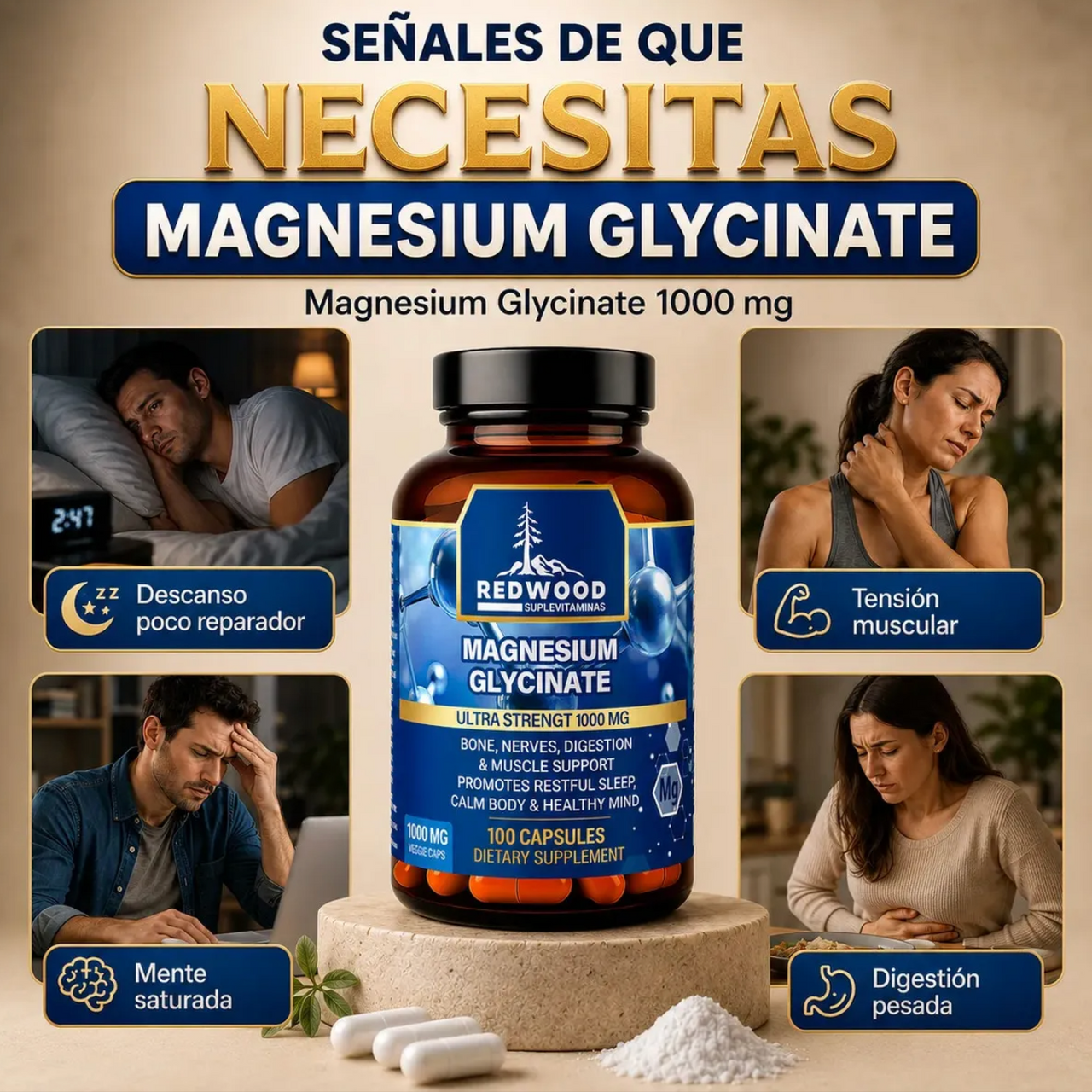 Glicinato de Magnesio Redwood 1000 Mg 100 Cápsulas