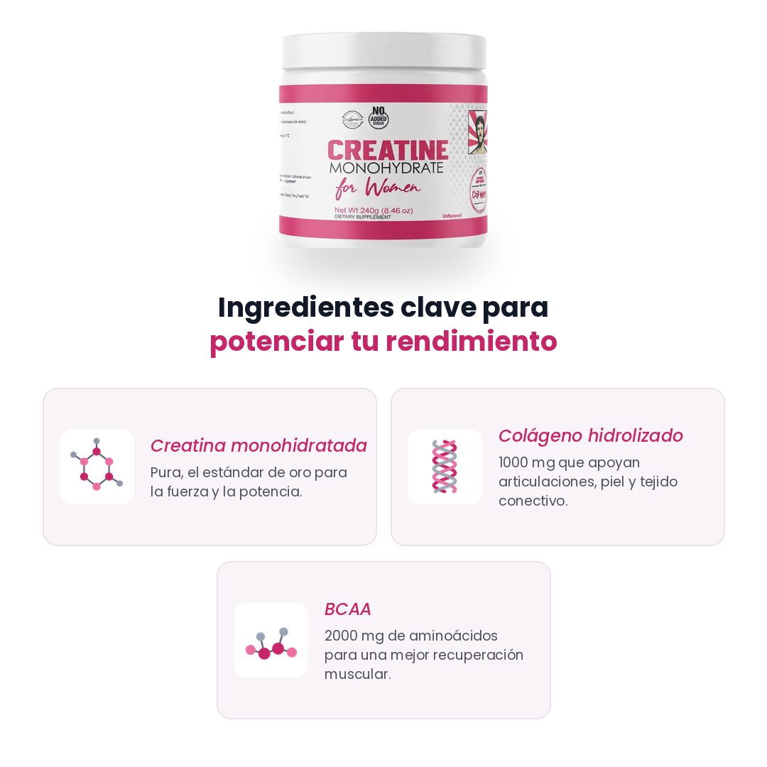 Creatina Monohidratada + 1000 mg Colageno + 2000 mg de BCAA Para Mujeres Old School 240 Gramos